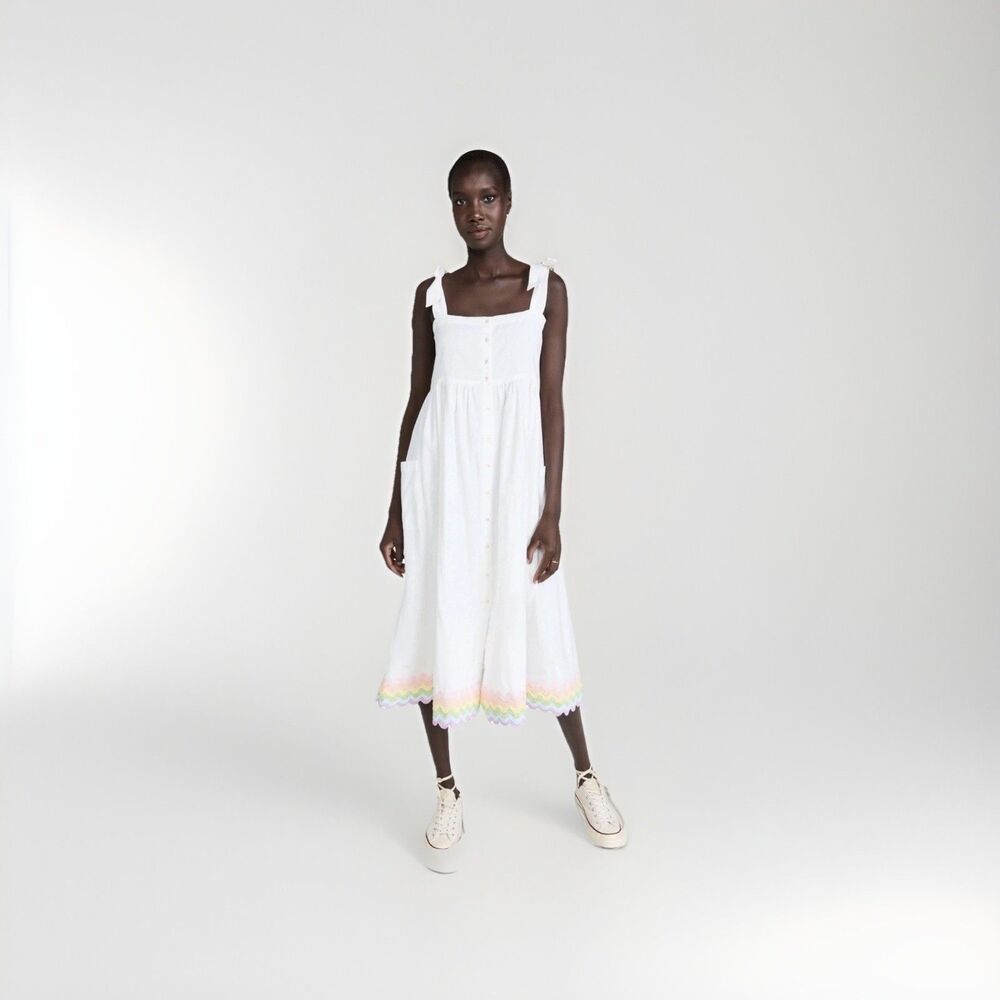 Juliet Dunn Tie-shoulder Ric-rac Trim Cotton Midi Dress In White Size 0 / US 4